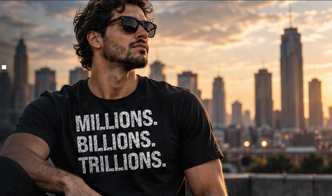 Black Millions Billions Trillions shirt with white distressed lettering worn against a city skyline