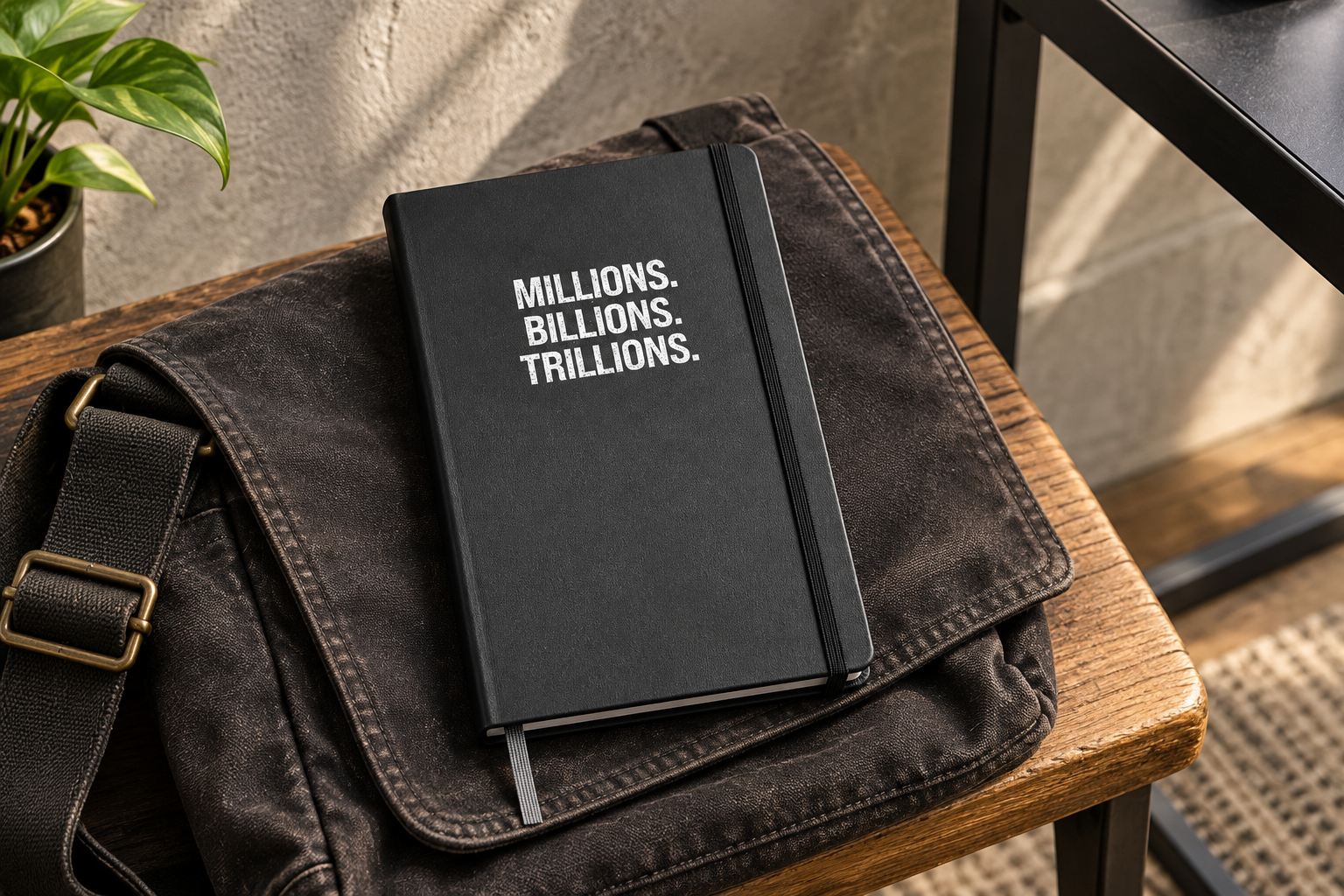 Illustrative lifestyle mockup of the closed journal resting on a dark canvas bag