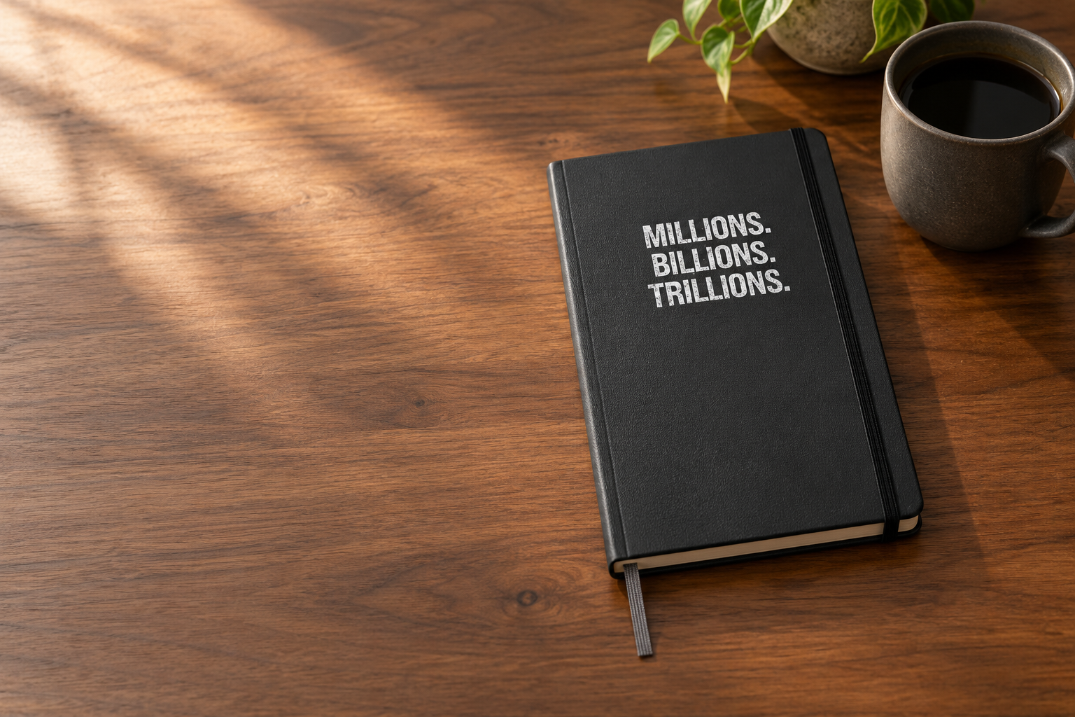 Illustrative lifestyle mockup of the black journal beside a coffee cup on a walnut desk