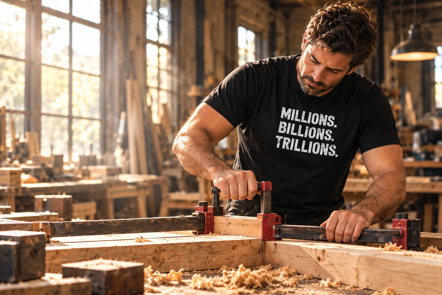 Man working on a timber build in the black Millions Billions Trillions T-shirt