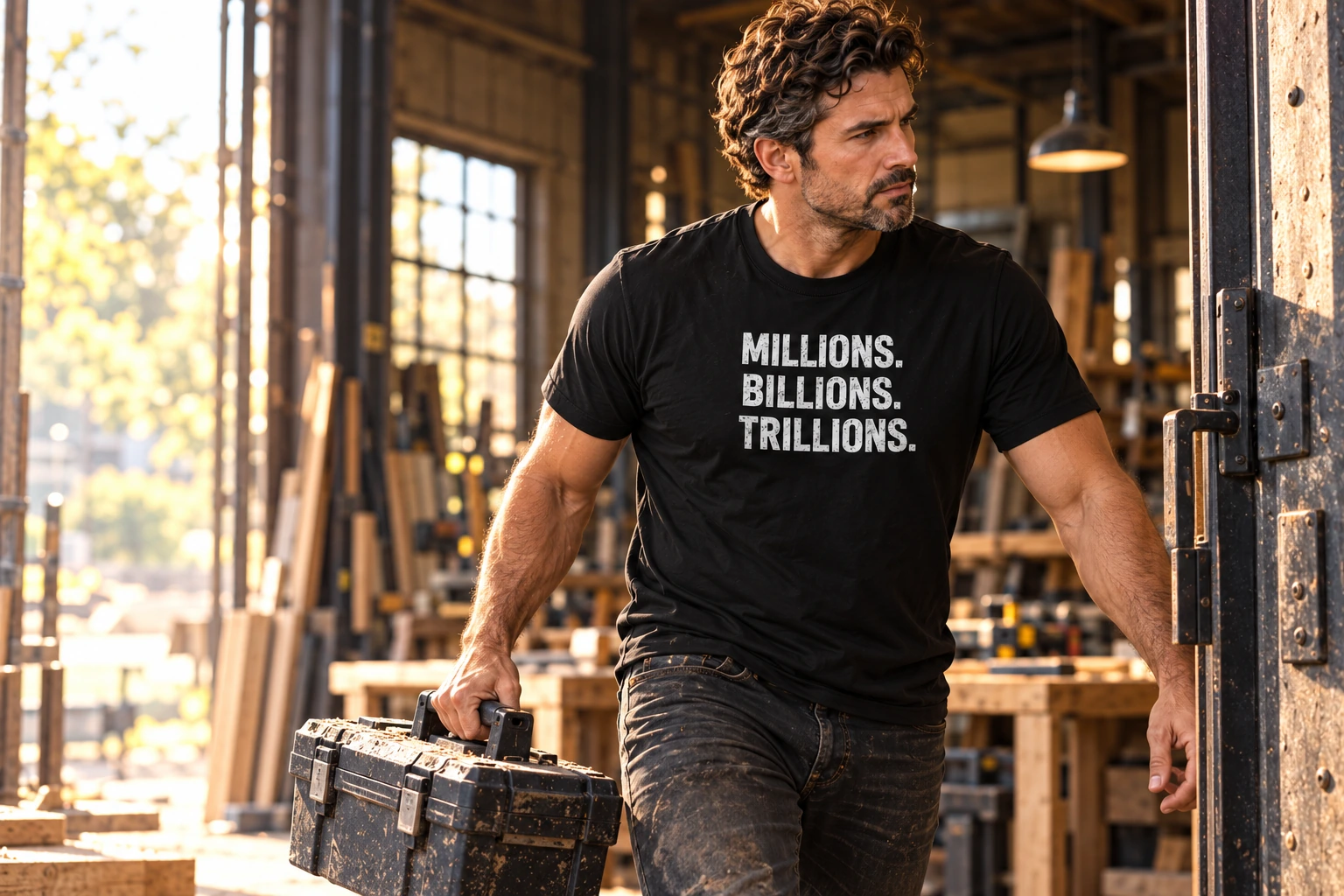 Man carrying a toolbox into a workshop wearing the white front-print T-shirt