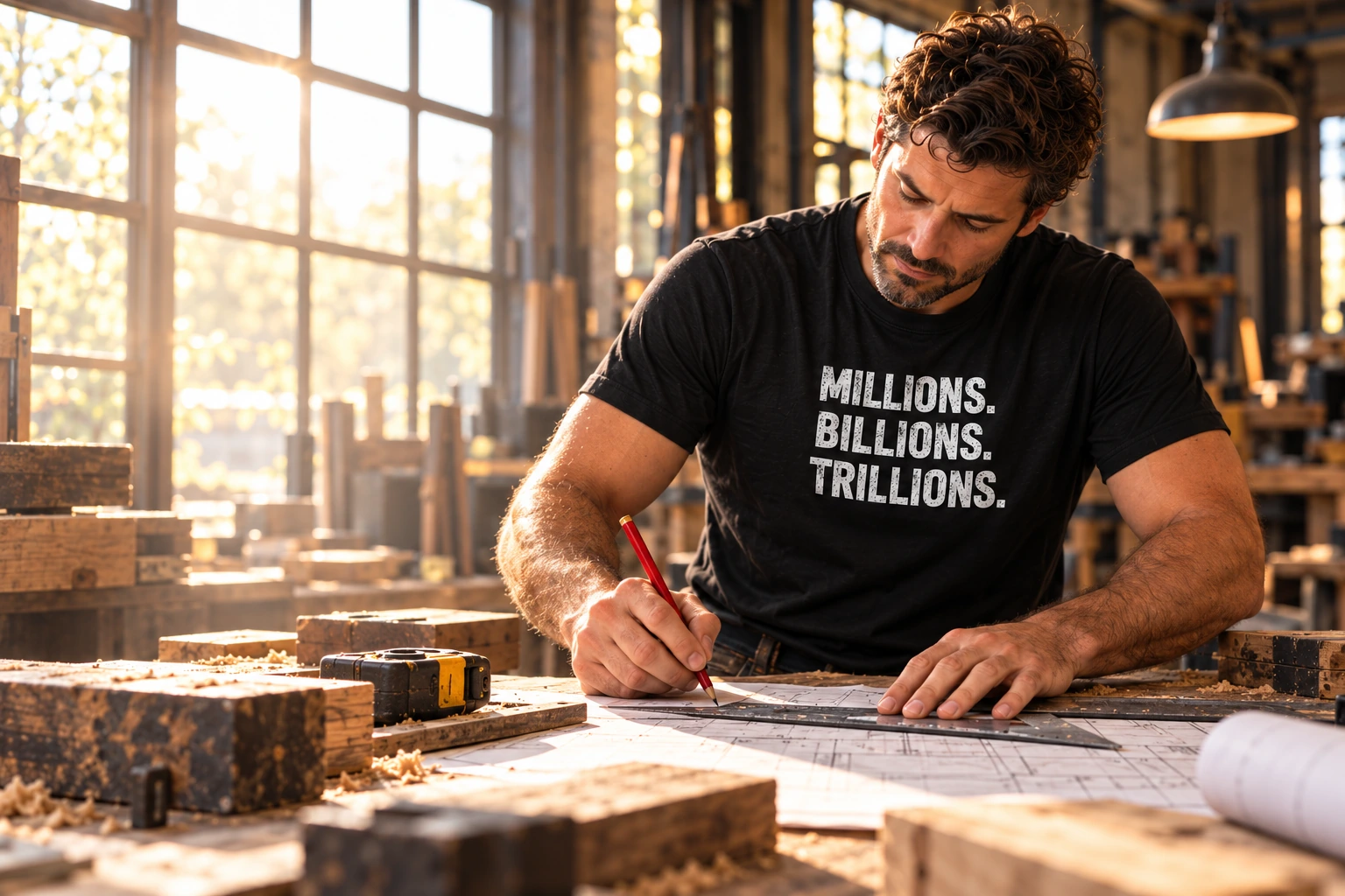 Illustrative scene of a man planning a build in the white-lettering Millions Billions Trillions T-shirt
