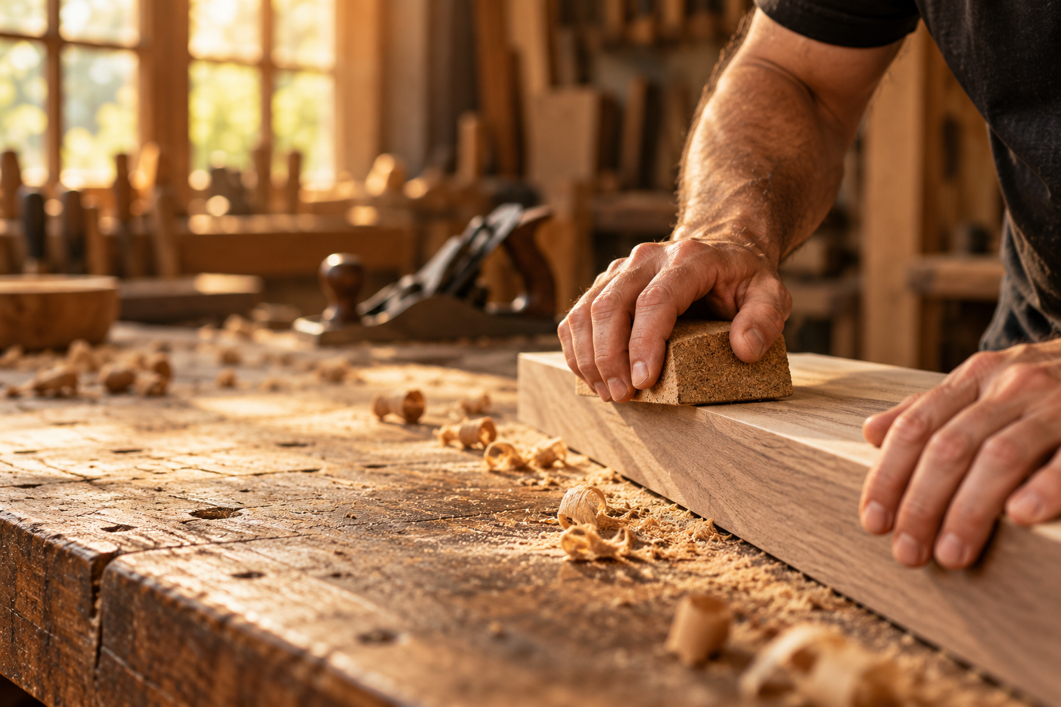 Close-up of a craftsman sanding timber at a warm workshop bench