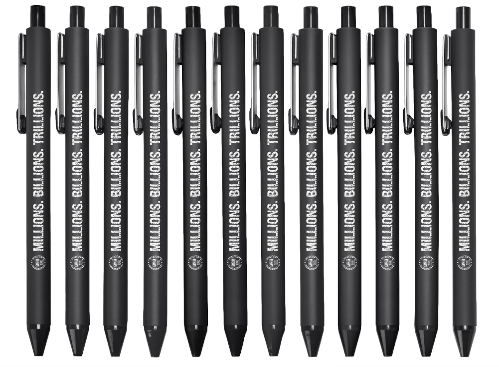 Twelve black retractable pens with white Millions Billions Trillions artwork, from the supplied Amazon product image