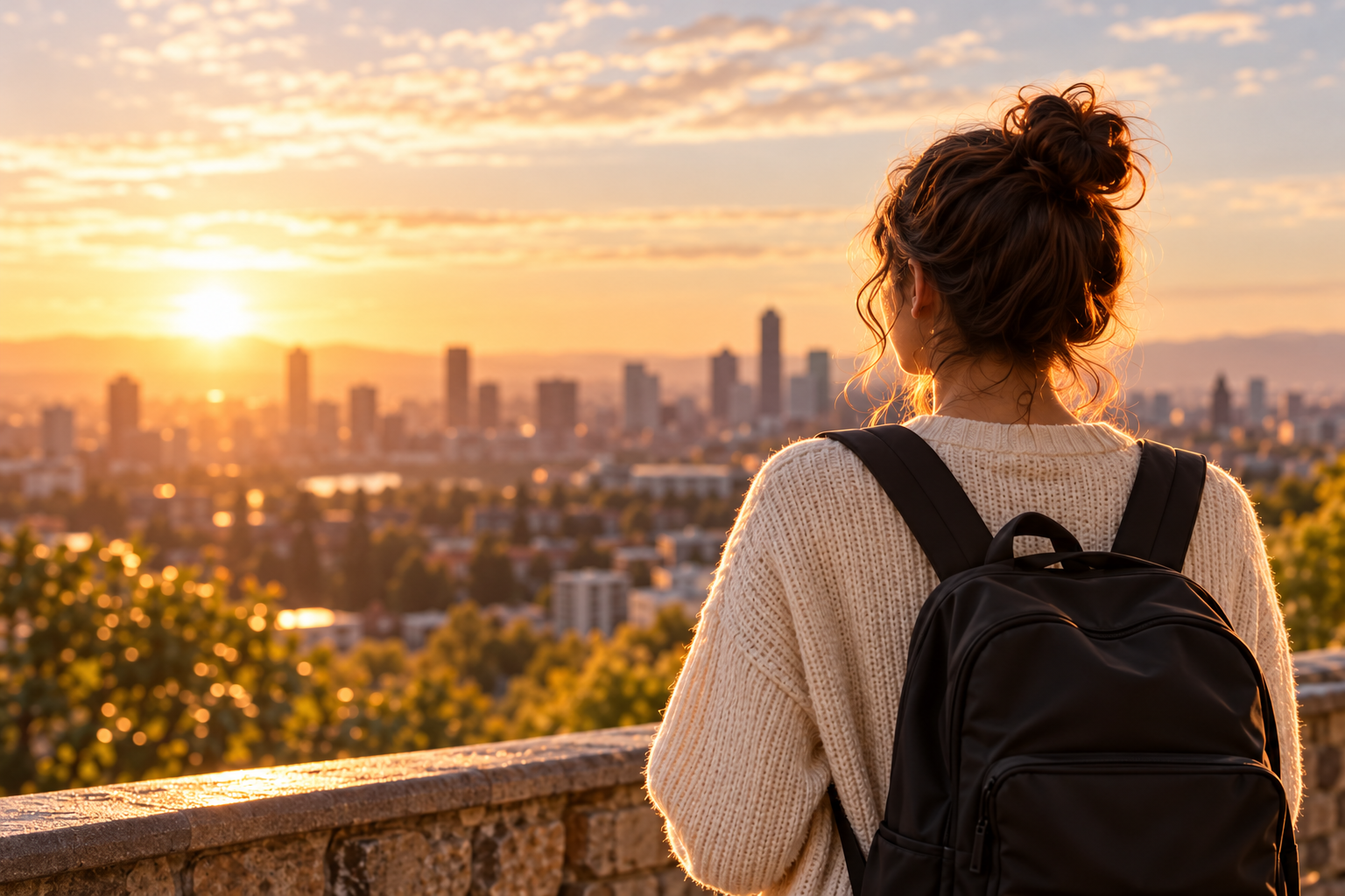 Illustrative scene of a woman with a backpack looking toward a city skyline