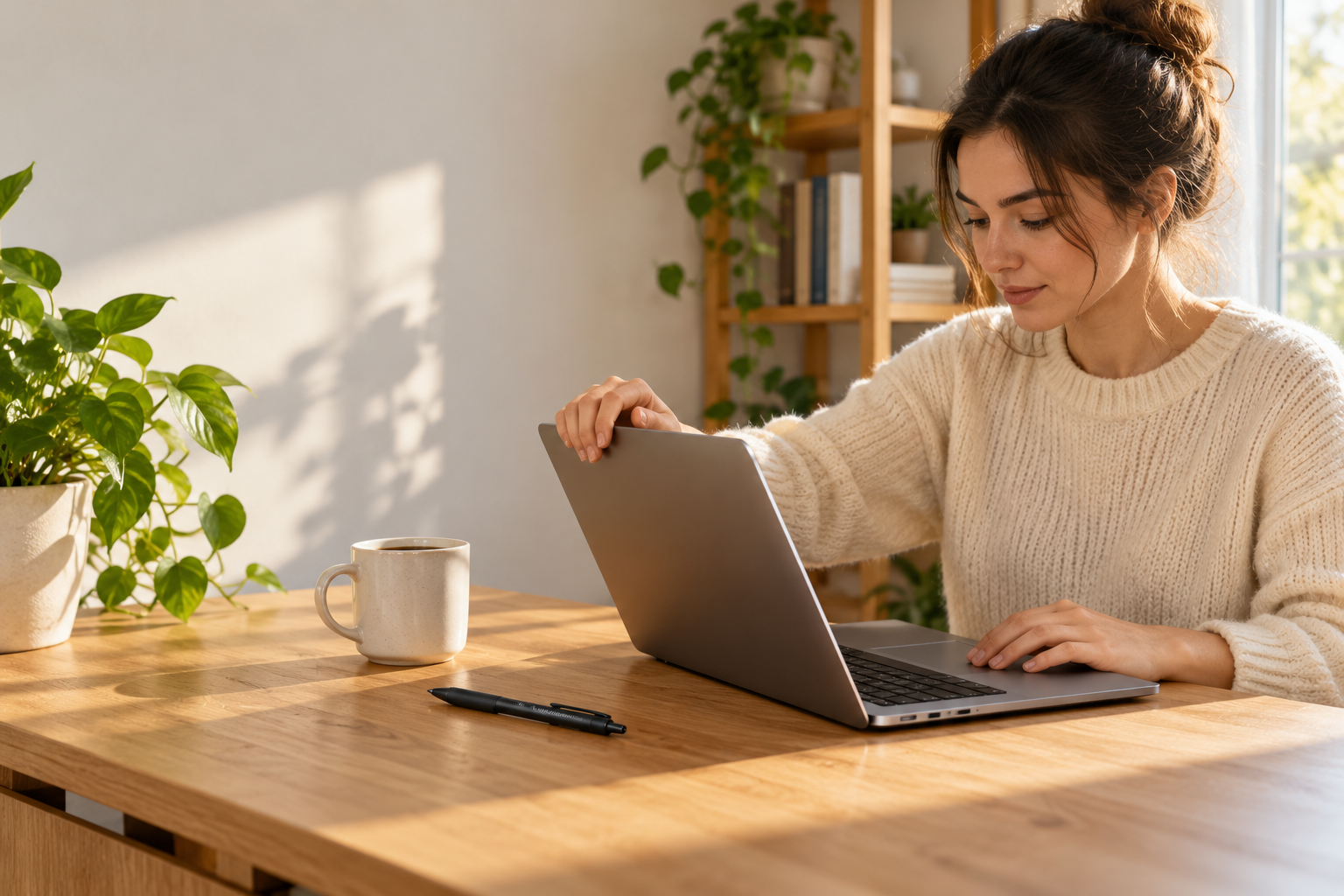 Illustrative everyday workspace with a woman opening her laptop and a black pen on the desk