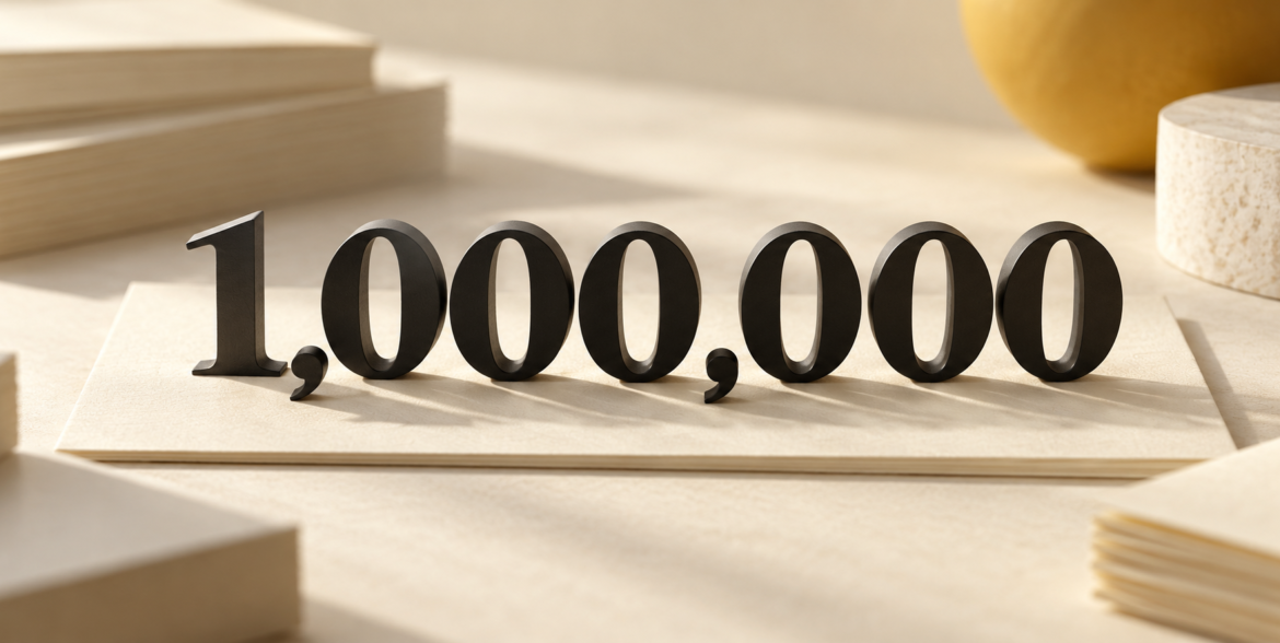 Black three-dimensional numerals spelling 1,000,000 on cream paper, illustrating millions in numbers
